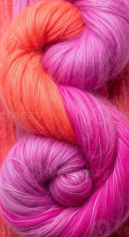Vibrant gradient of coral pink and fuchsia yarn twists creating a soft textured abstract background photo