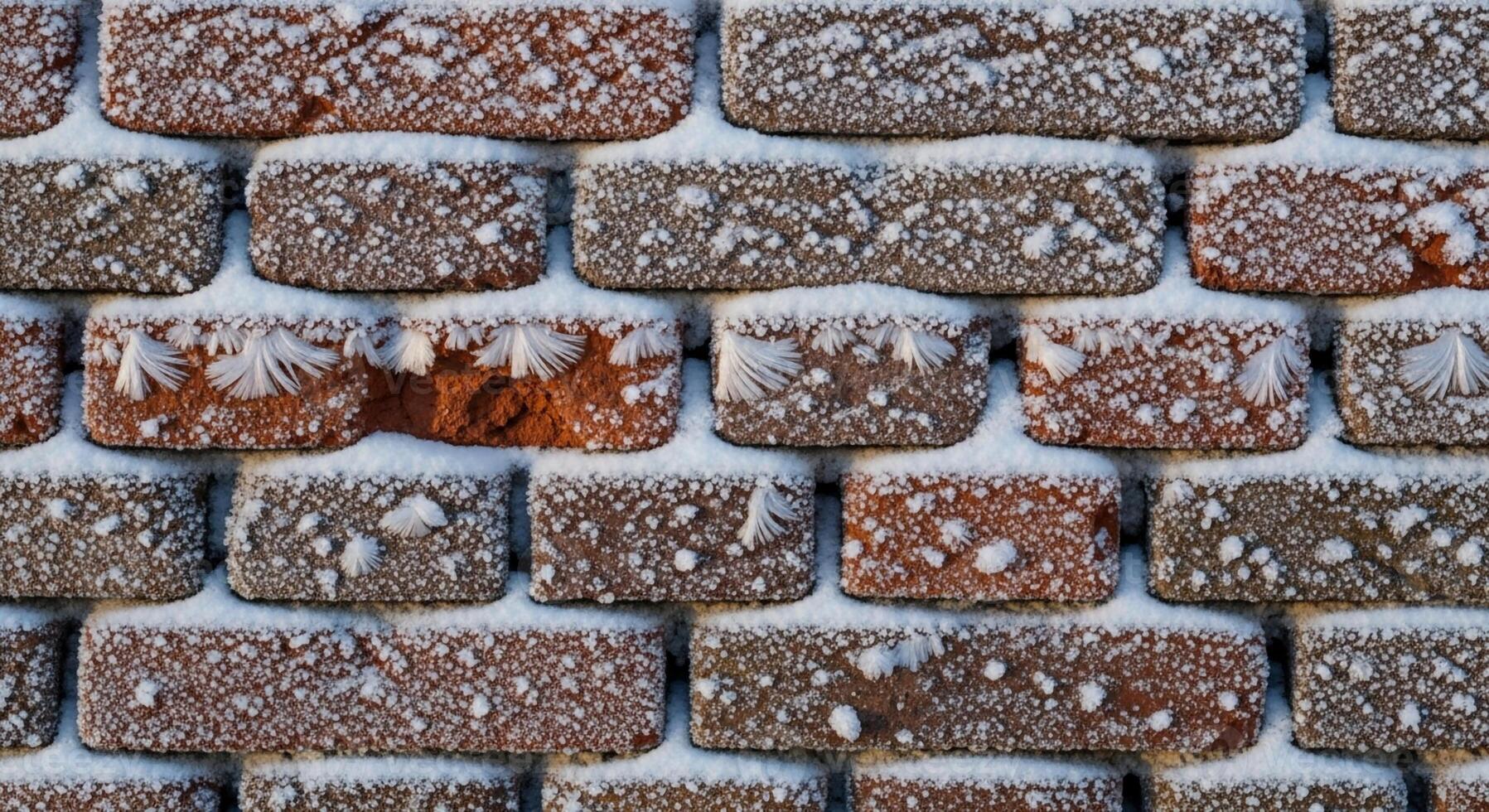 A close up textured view of a wall constructed from numerous small rectangular dark brown bricks covered in a dusting of white snow photo