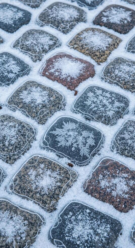 Close up view of cobblestones covered in a light dusting of snow creating a textured winter ground surface photo