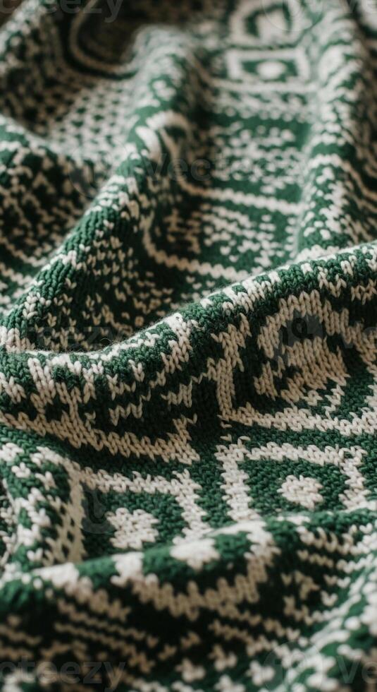 Abstract close up of a textured green and white woven fabric with a repeating geometric pattern creating a sense of depth photo