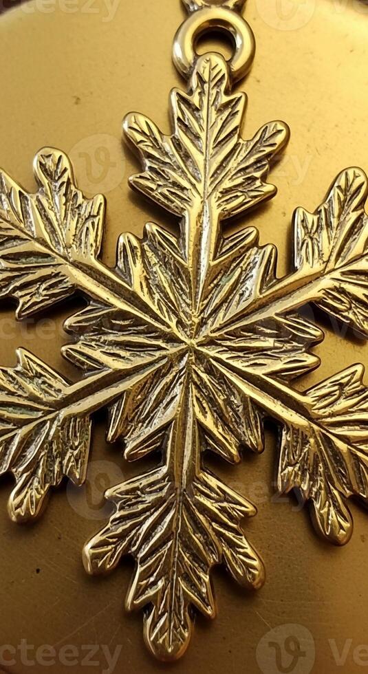 Intricate metallic snowflake ornament with detailed frosty leaf like branches and a central loop for hanging photo