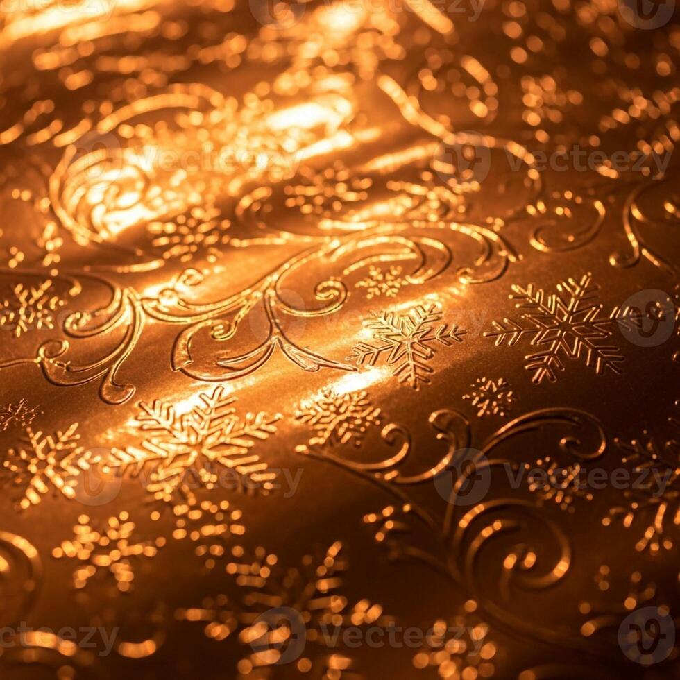 Warm golden light illuminates intricate embossed floral patterns on a textured surface creating a luxurious and inviting atmosphere photo