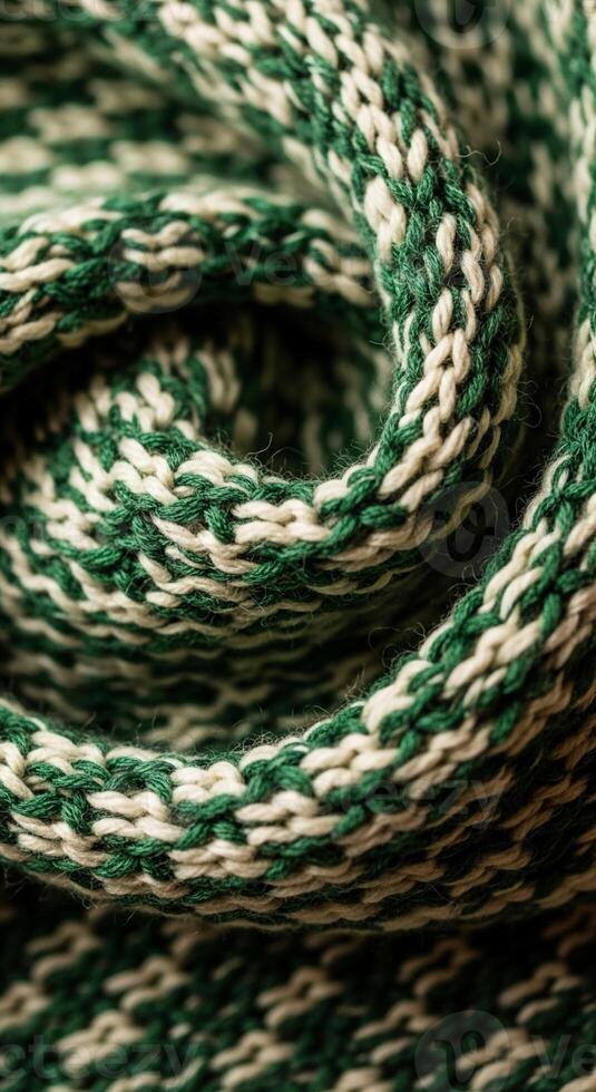 Close up abstract macro view of a tightly wound green and white braided cord with blurred edges creating a textured pattern photo