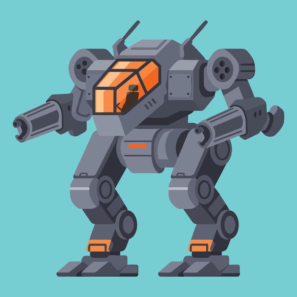 Futuristic mecha robot illustration with heavy armor, cannons, and robotic legs. Ideal for sci-fi posters, mechanical design, and gaming concepts. vector