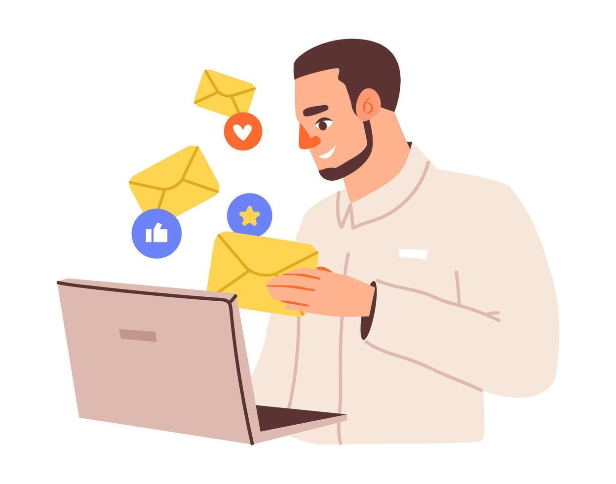 Man Checking Email Notifications on Laptop. Flat of a smiling man using a laptop while receiving emails and digital notifications with icons for likes, hearts, and stars. vector