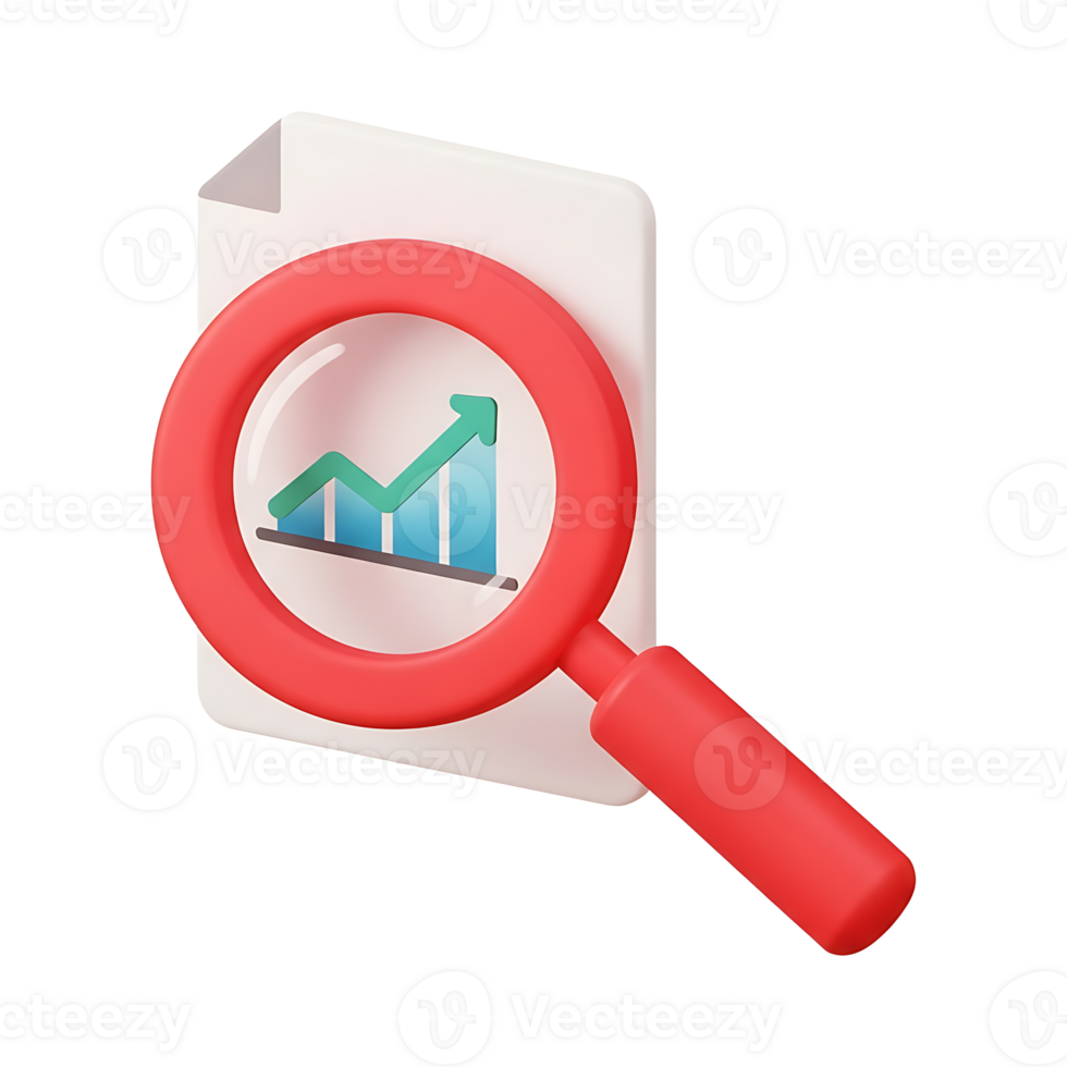 3D rendered red magnifying glass examining growth chart document icon on transparent background, data analysis symbol, business intelligence research visualization, financial analytics concept png