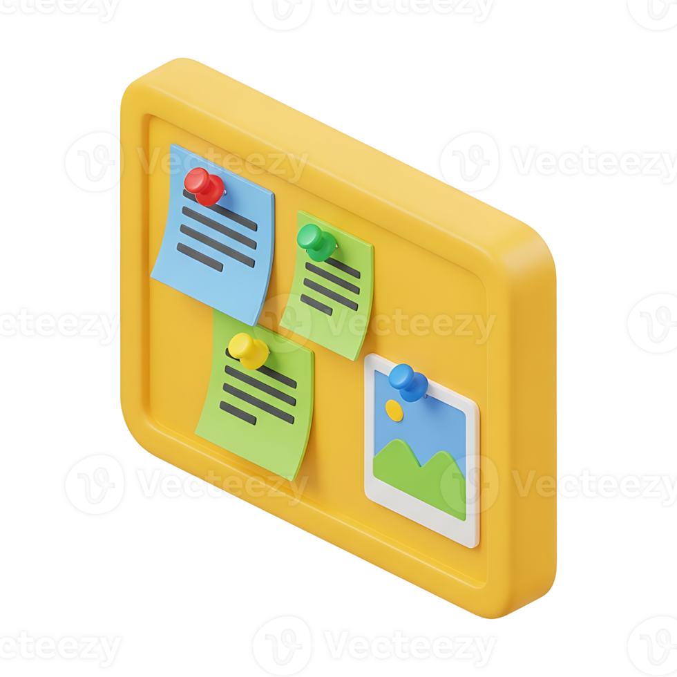 3D rendered bulletin board with colorful sticky notes and photo pinned with pushpins, showing task organization, memo reminders and visual planning system for productivity and project management png