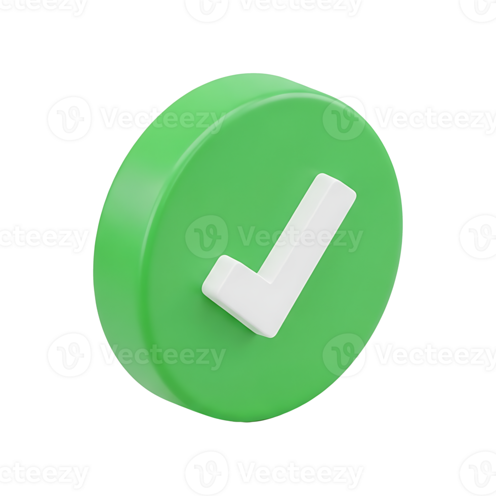 3D green circular check mark icon with white tick symbol on transparent background, approval confirmation validation success concept for business app interface design quality assurance badges png