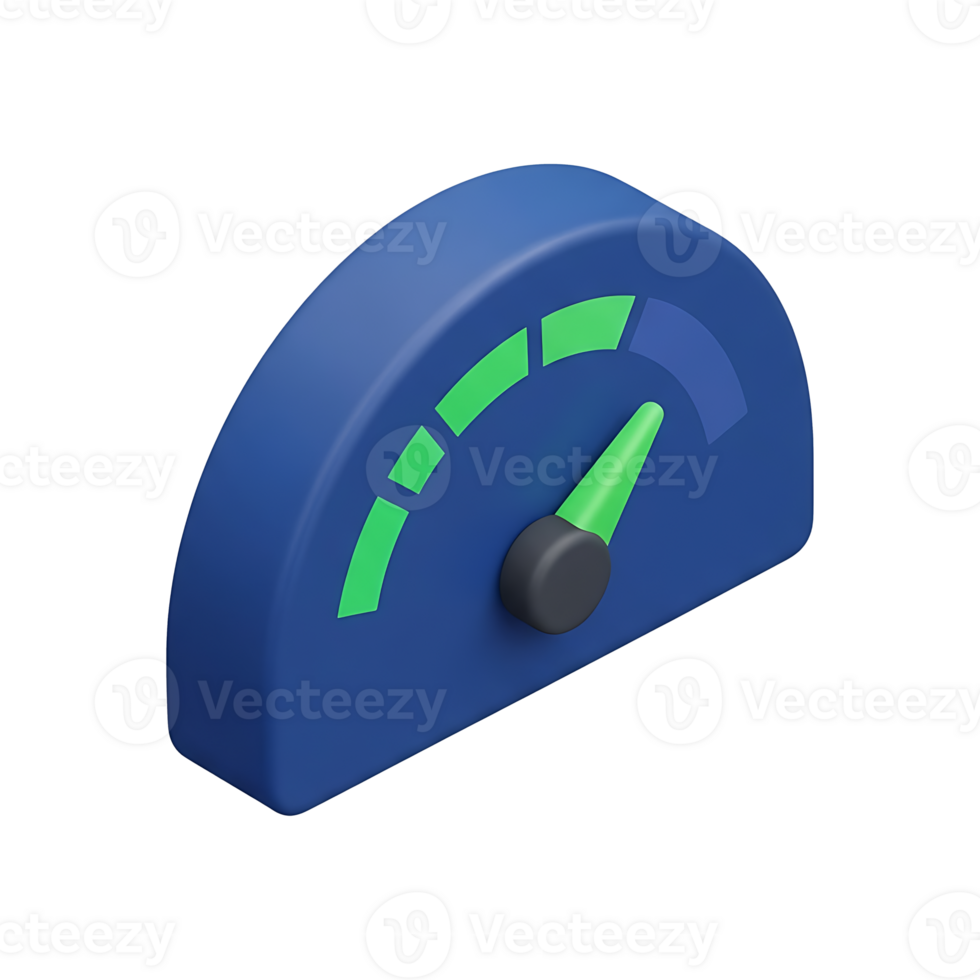 3D blue speedometer gauge icon with green indicator needle pointing upward showing high performance level, dashboard measurement meter for speed analytics KPI tracking business metrics concepts png