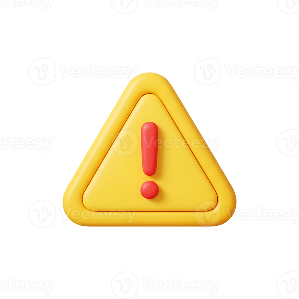 3D yellow warning triangle with red exclamation mark floating on transparent background, safety alert caution danger notification icon for error message system interface design applications png