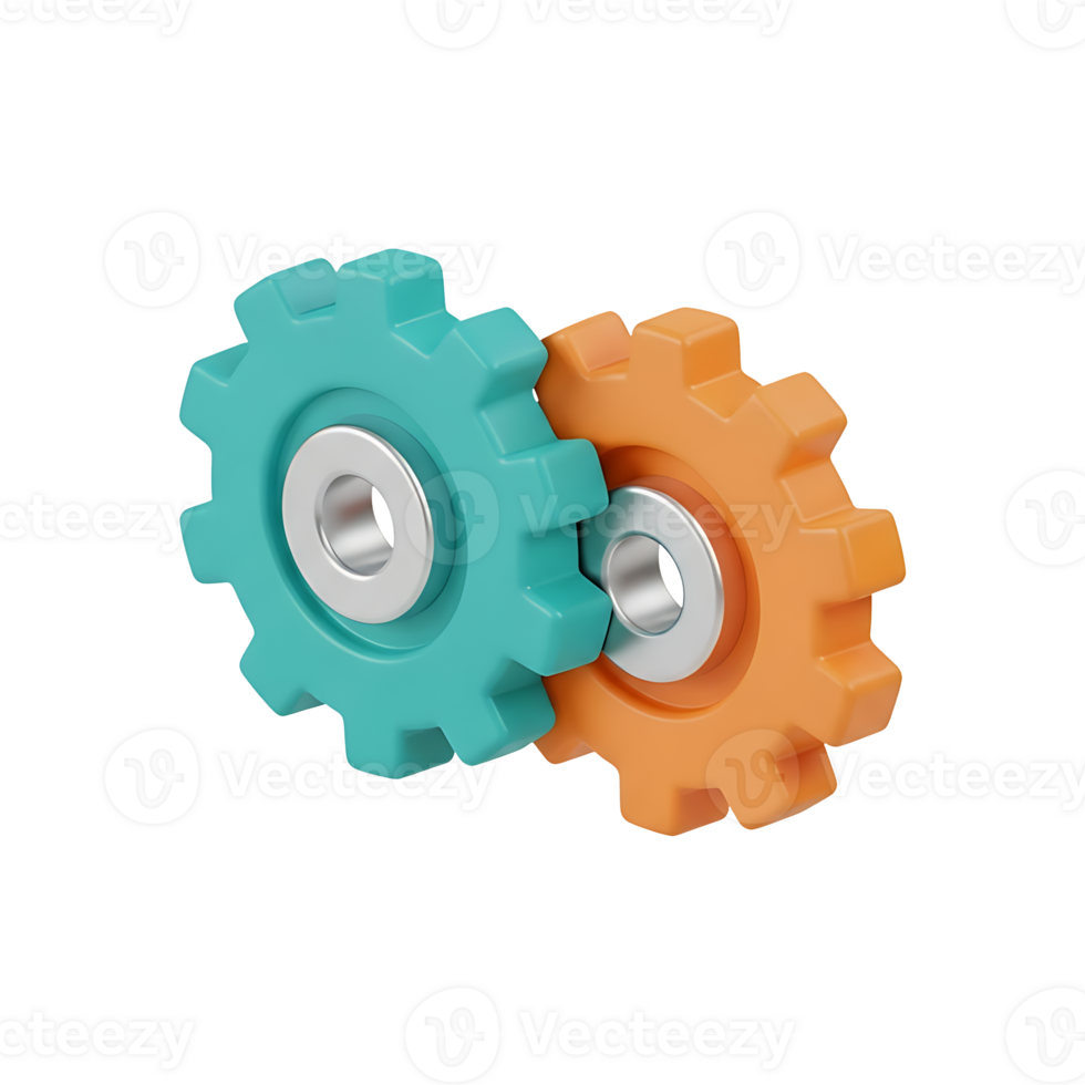 3D interlocking gears icon, mechanical cogwheel cooperation integration concept for teamwork workflow automation collaboration png