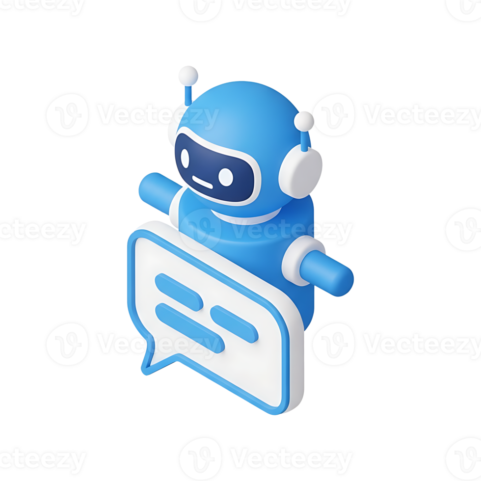 3d blu chatbot robot con cuffie agitando dietro a discorso bolla Messaggio icona, amichevole ai assistente cliente servizio supporto comunicazione concetto per tecnologia automazione interfaccia design png