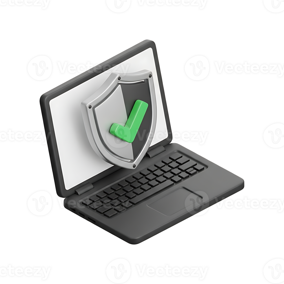 3d il computer portatile computer con metallico scudo visualizzazione verde segno di spunta su schermo, sicurezza informatica protezione verificata antivirus Software concetto icona per dati sicurezza Internet sicurezza digitale difesa png