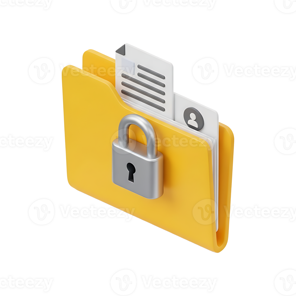 3D yellow folder with silver padlock and confidential documents inside showing data security protection, privacy encryption file management concept icon for cybersecurity business information storage png