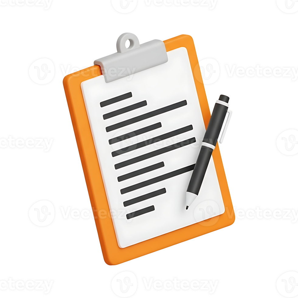 3D orange clipboard with priority flag and pen icon showing task list document, business planning workflow organization concept for productivity management project tracking urgent deadlines png