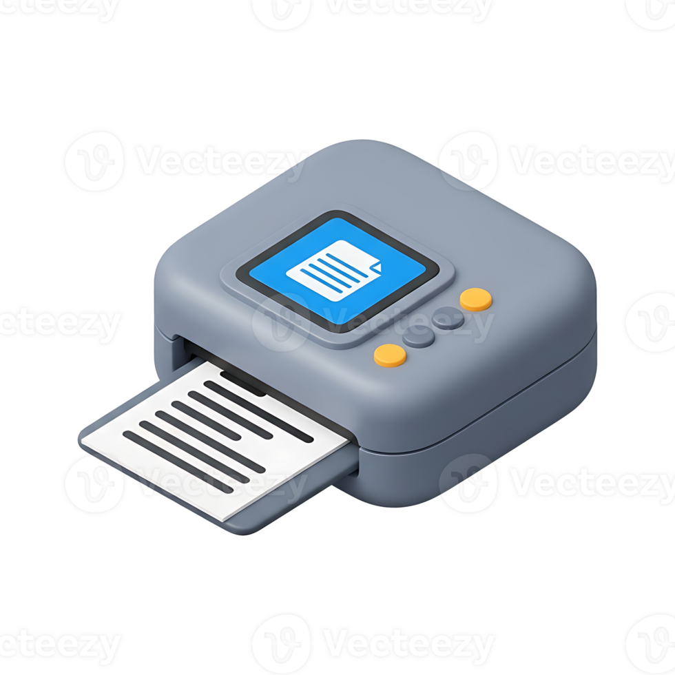 3D isometric printer icon with document paper emerging from gray device, blue display screen showing page symbol, office equipment technology illustration for digital printing workflow concepts png