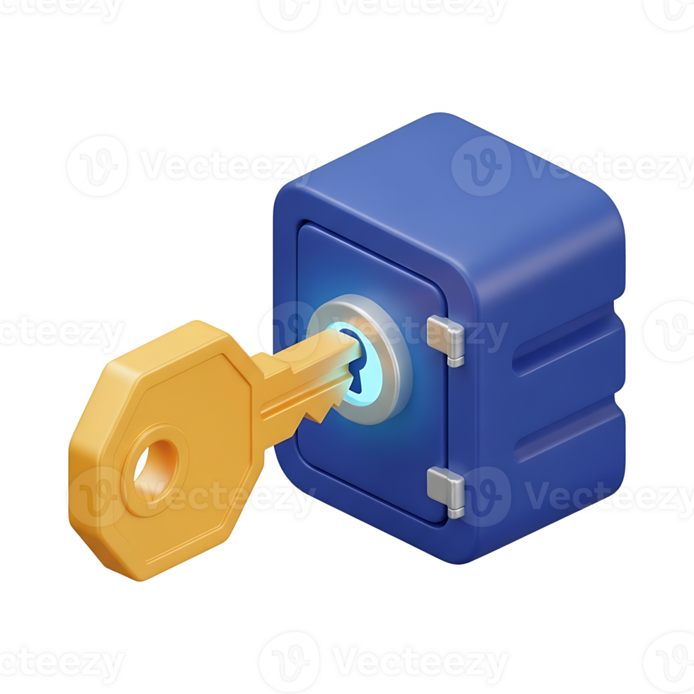 3D isometric golden key inserting into blue safe lock, security protection concept illustration for digital encryption, data privacy, password authentication png