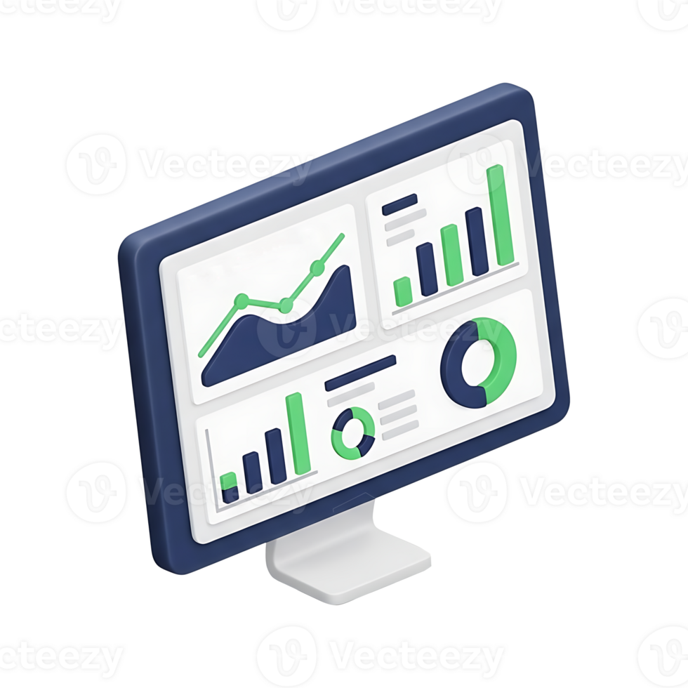 3D computer monitor displaying real time analytics dashboard with green and navy charts, graphs and data visualization in isometric view for business intelligence png