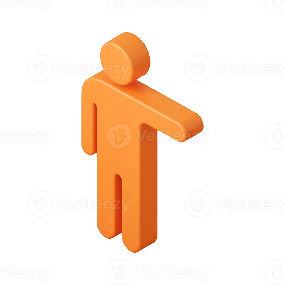 3D orange person icon with arm extended pointing gesture for user interface, direction, and navigation design applications png