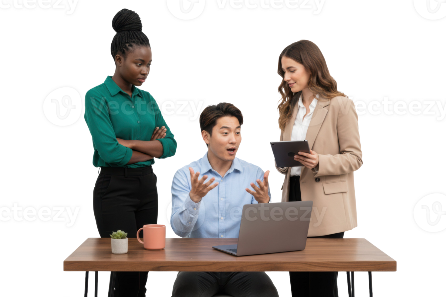 Diverse team collaborates on project progress using technology png