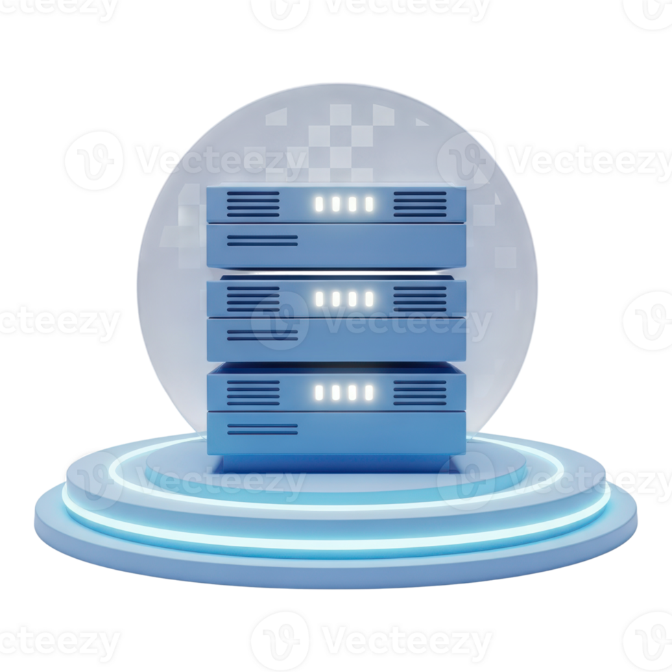 Blue server stack on a platform isolated on transparent background, 3d rendering png