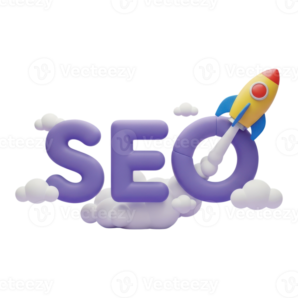 Seo optimization concept with rocket launch and seo text isolated on white isolated on transparent background png