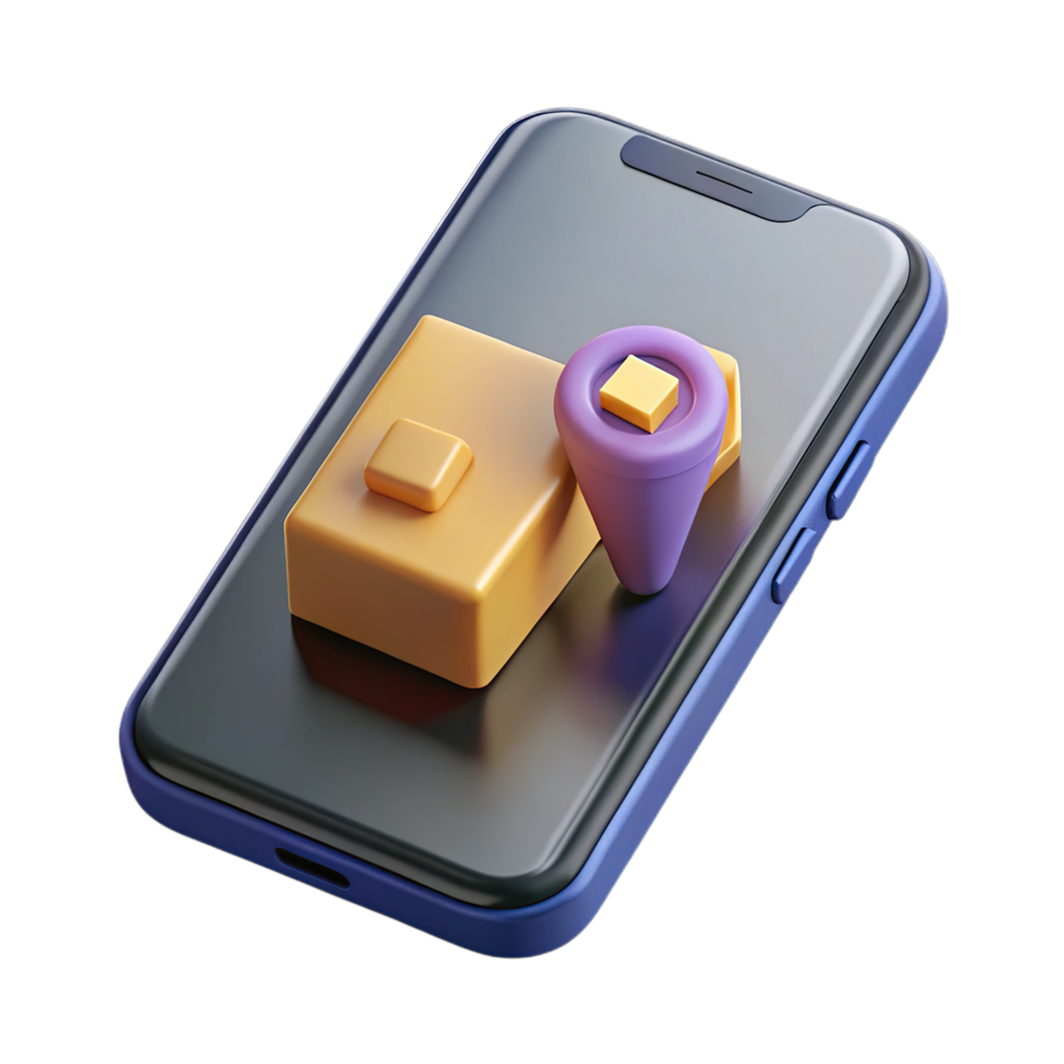 3d rendering of a smartphone with a small package and a purple cone icon, symbolizing online shopping and delivery services, isolated on transparent background png