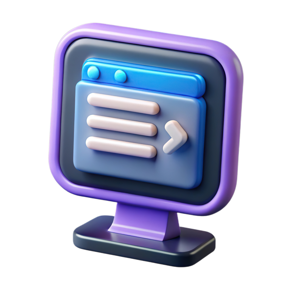 3d computadora monitor icono con un oscuro marco, mostrando un ventana con menú artículos y un navegación flecha, aislado en transparente antecedentes png