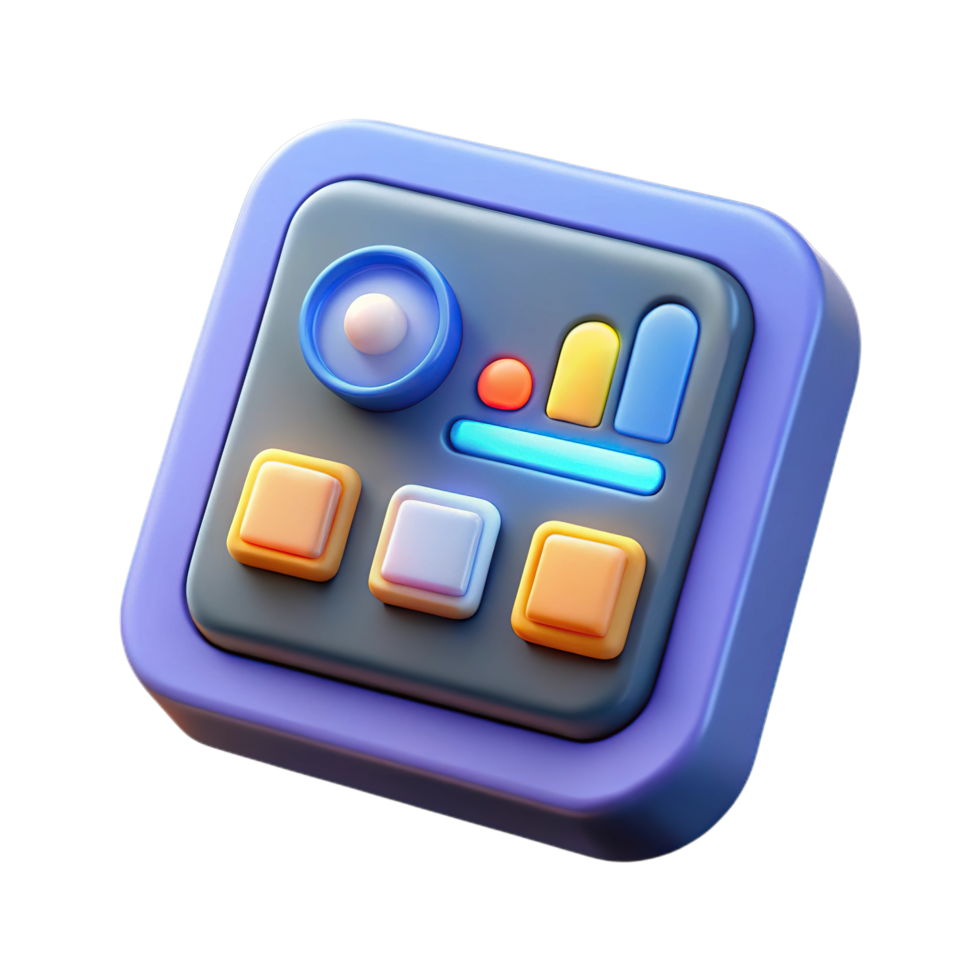 3d rendering of a modern user interface control panel with buttons, sliders, and indicators, isolated on transparent background png