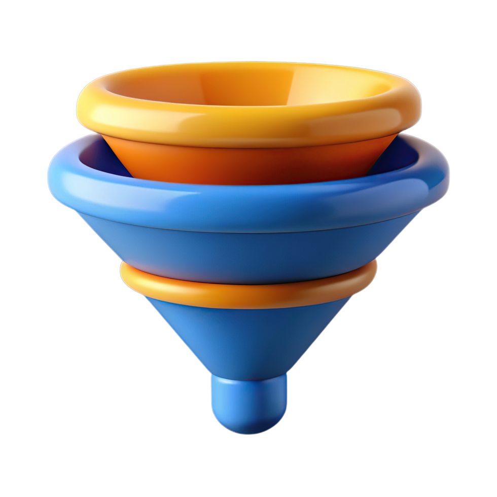 3d rendering of stacked blue and orange funnels, representing data processing and conversion isolated on transparent background png
