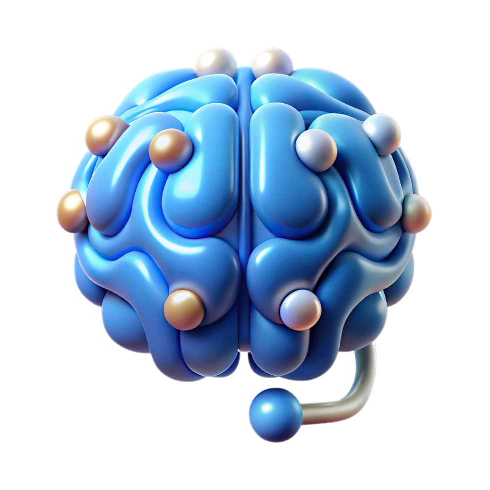 Stylized 3d blue brain with glowing nodes, representing artificial intelligence and cognition isolated on transparent background png