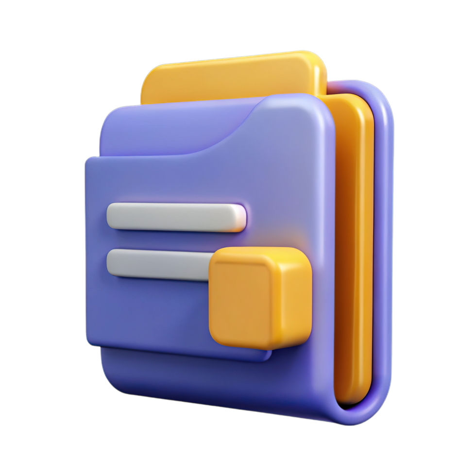 A 3d icon representing a folder with documents, in purple and yellow, symbolizing organization and data management, isolated on transparent background png