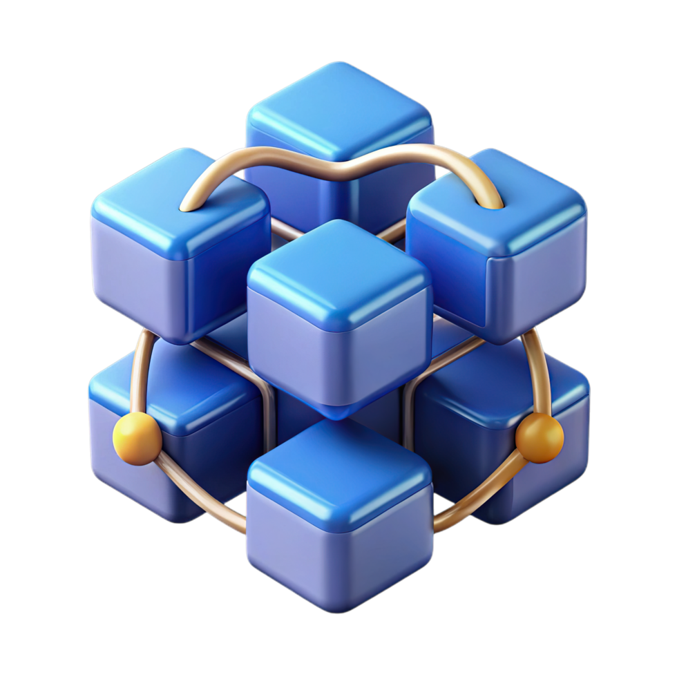 Abstract 3d cube structure with interconnected blue blocks and golden spheres, isolated on transparent background png
