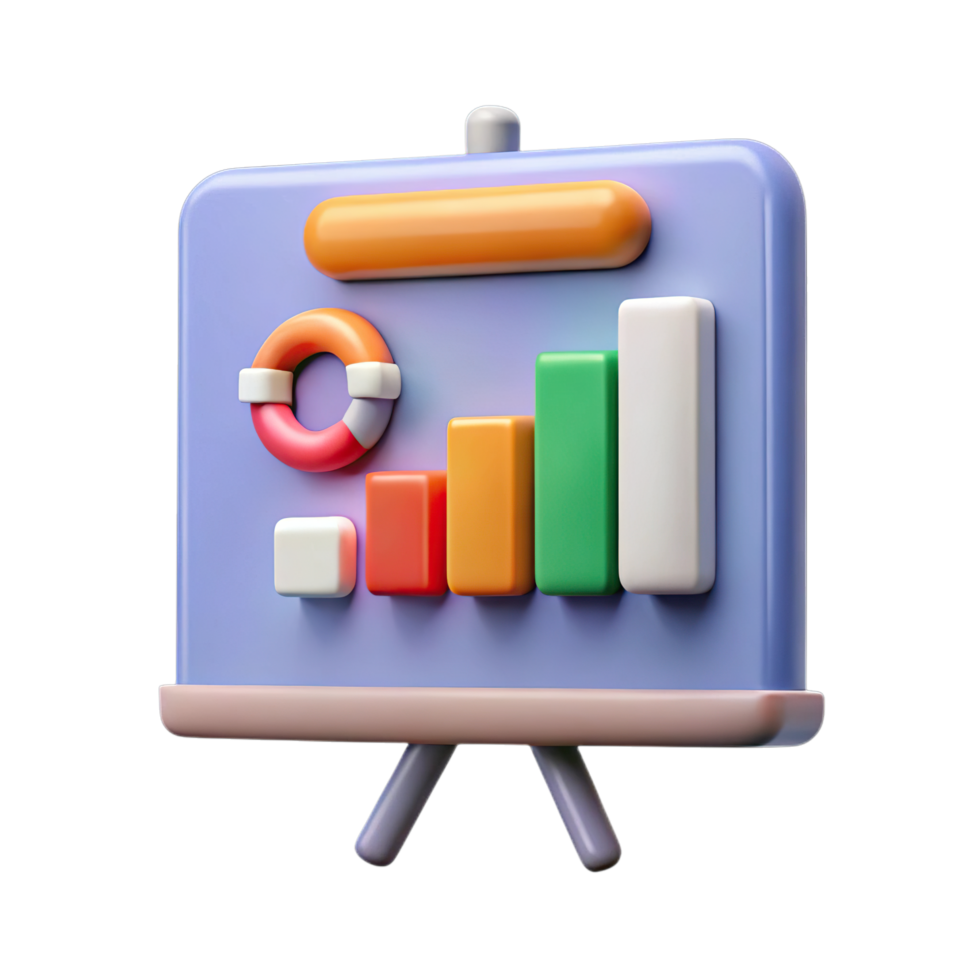 Illustration of 3d rendering of a presentation board with bar chart and infographic elements, isolated on transparent background png