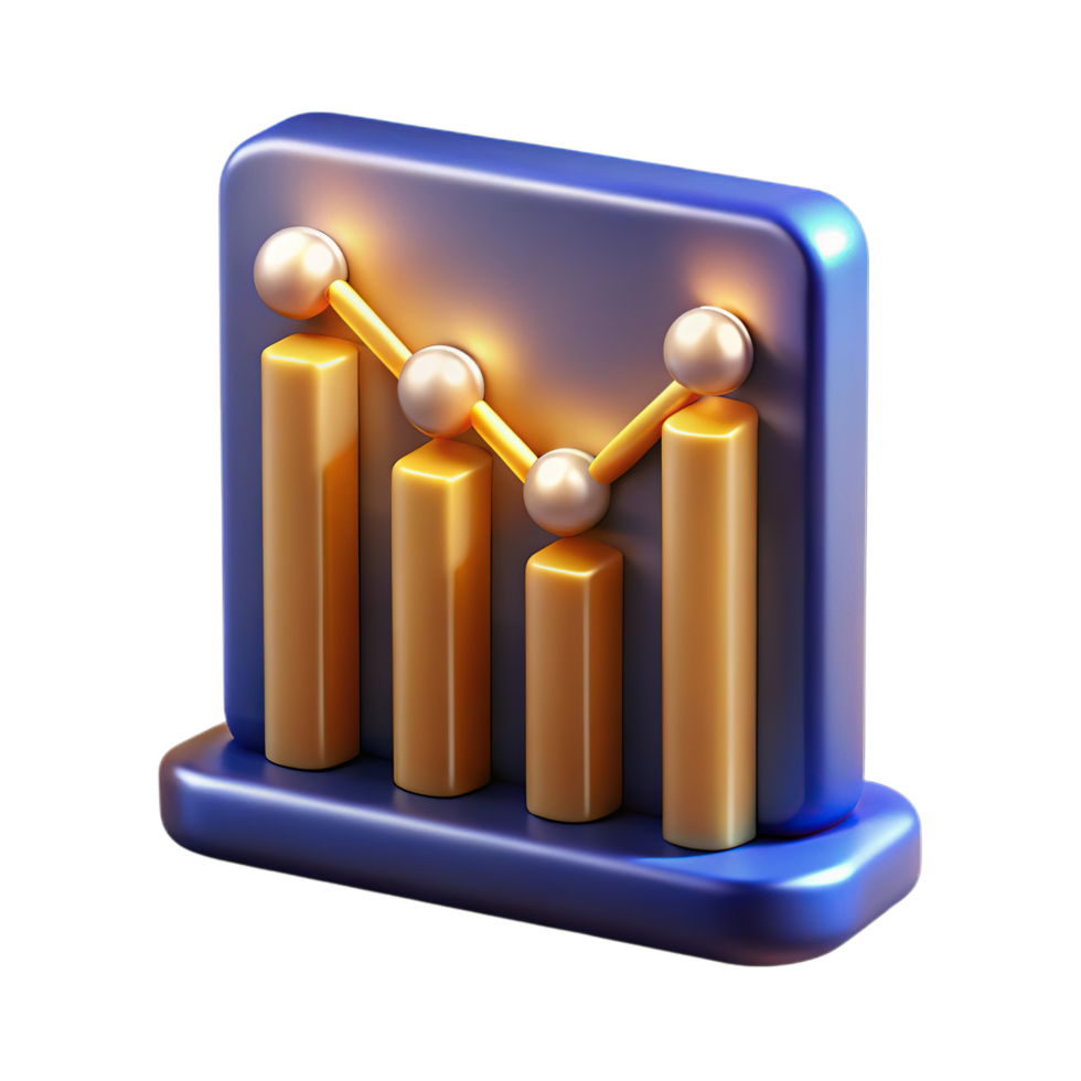 Illustration of 3d bar chart with line graph showing upward trend and data points isolated on transparent background png