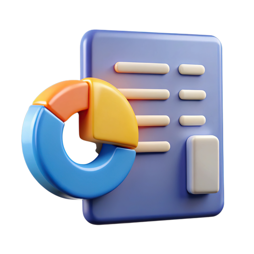 3d ilustración de un tarta gráfico y un documento con bala puntos, representando datos análisis y informes, aislado en transparente antecedentes png