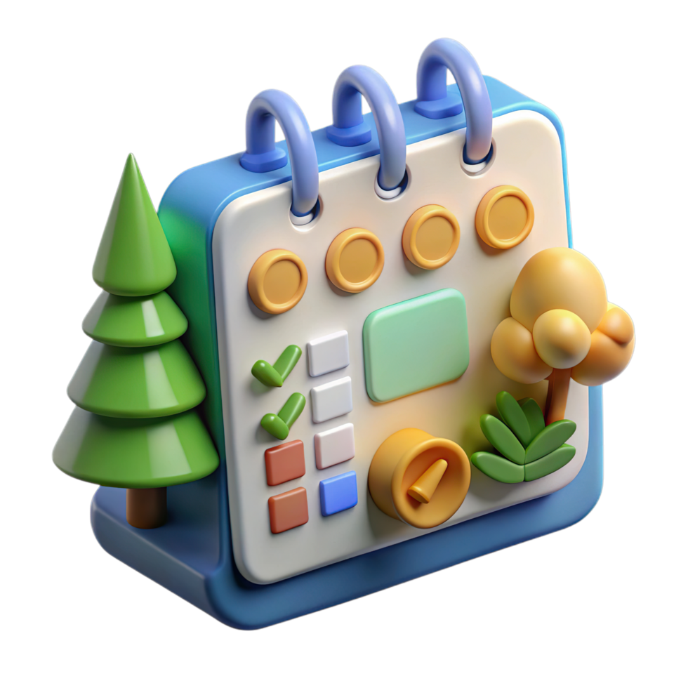 Of 3d rendering of a colorful calendar with trees and checkmarks isolated on transparent background png