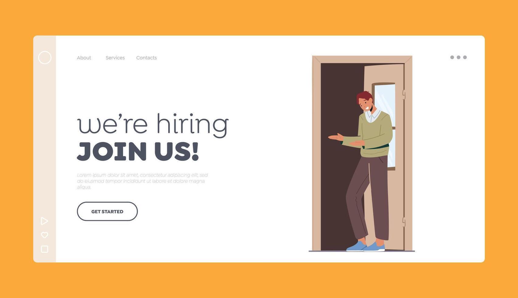 We are Hiring, Join Us Landing Page Template. Friendly Character Invite into Open Door, Man Showing Invitation Gesture vector