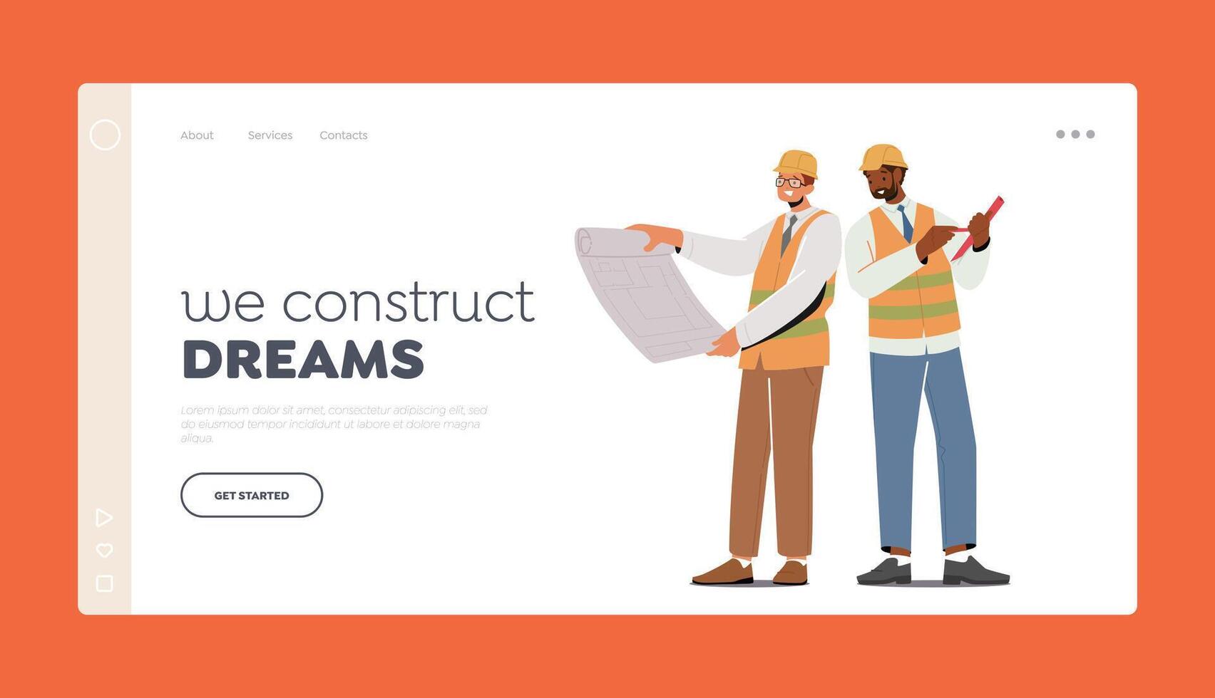 Building and Engineering Profession Landing Page Template. Men Architect and Construction Engineer Occupation Characters vector