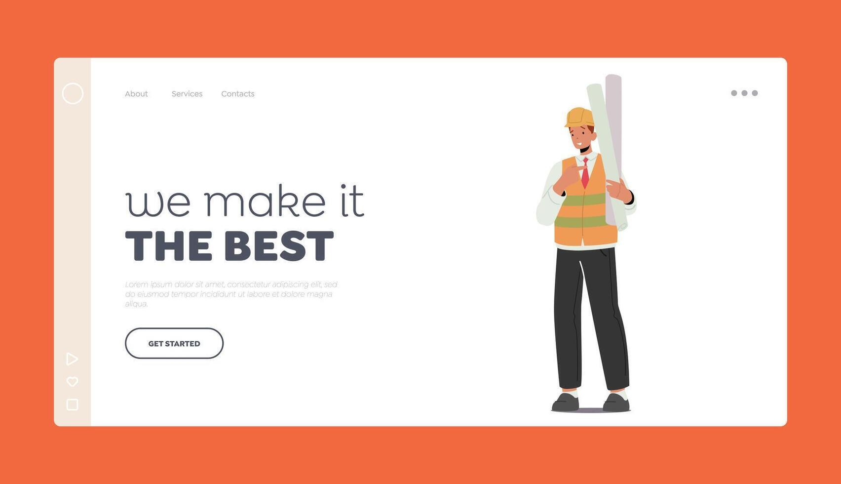 Professional Architecture Constructor Worker Landing Page Template. Builder, Engineer Foreman Character with Blueprint vector