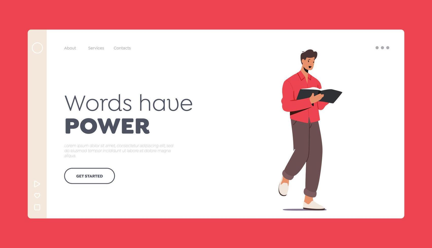 Reading Hobby Concept for Landing Page Template. Education, Learning,Young Man Student Character Read Book, Learn vector