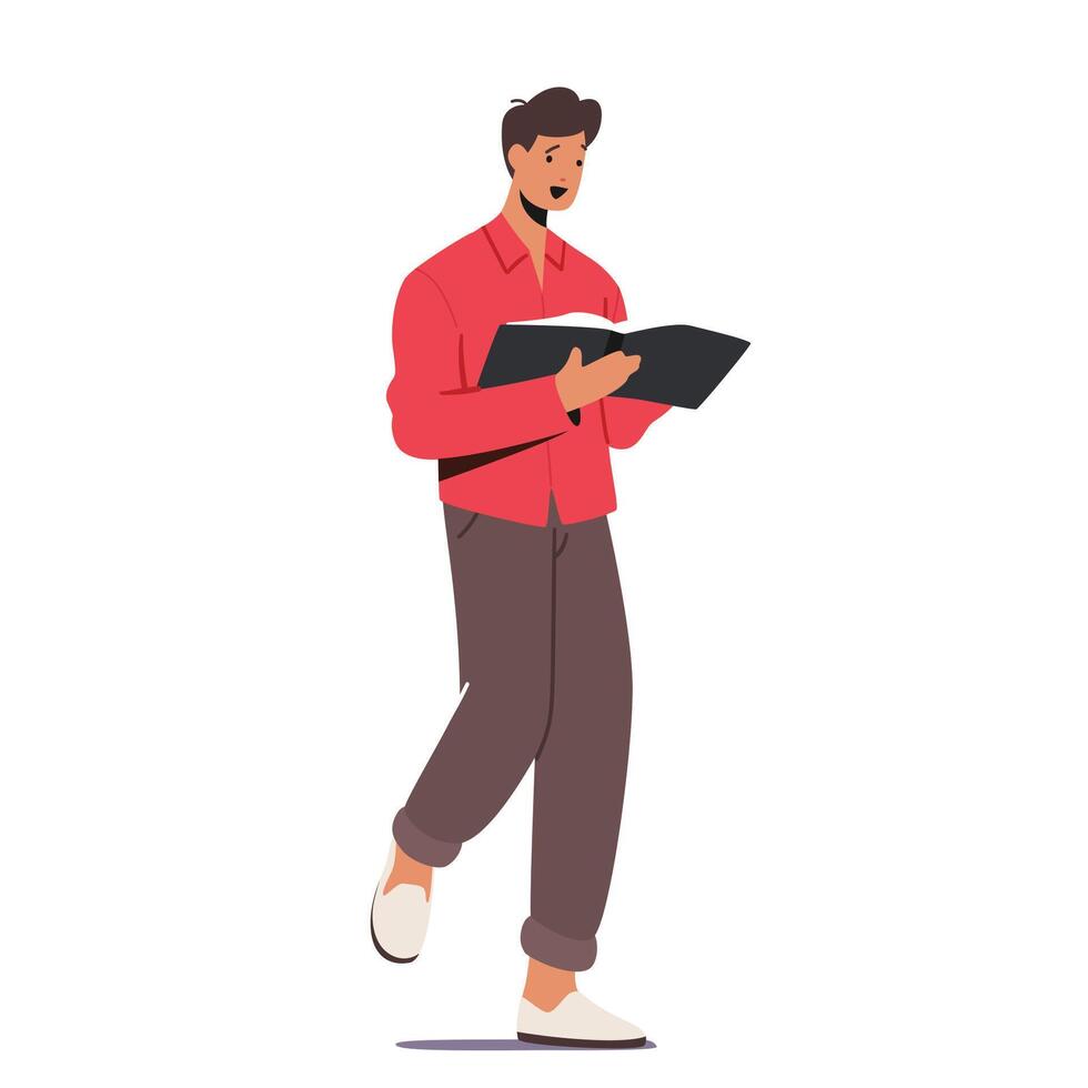 Education, Learning, Reading Hobby Concept. Young Man Student Character Read Book, Learn Homework or Prepare to Exam vector