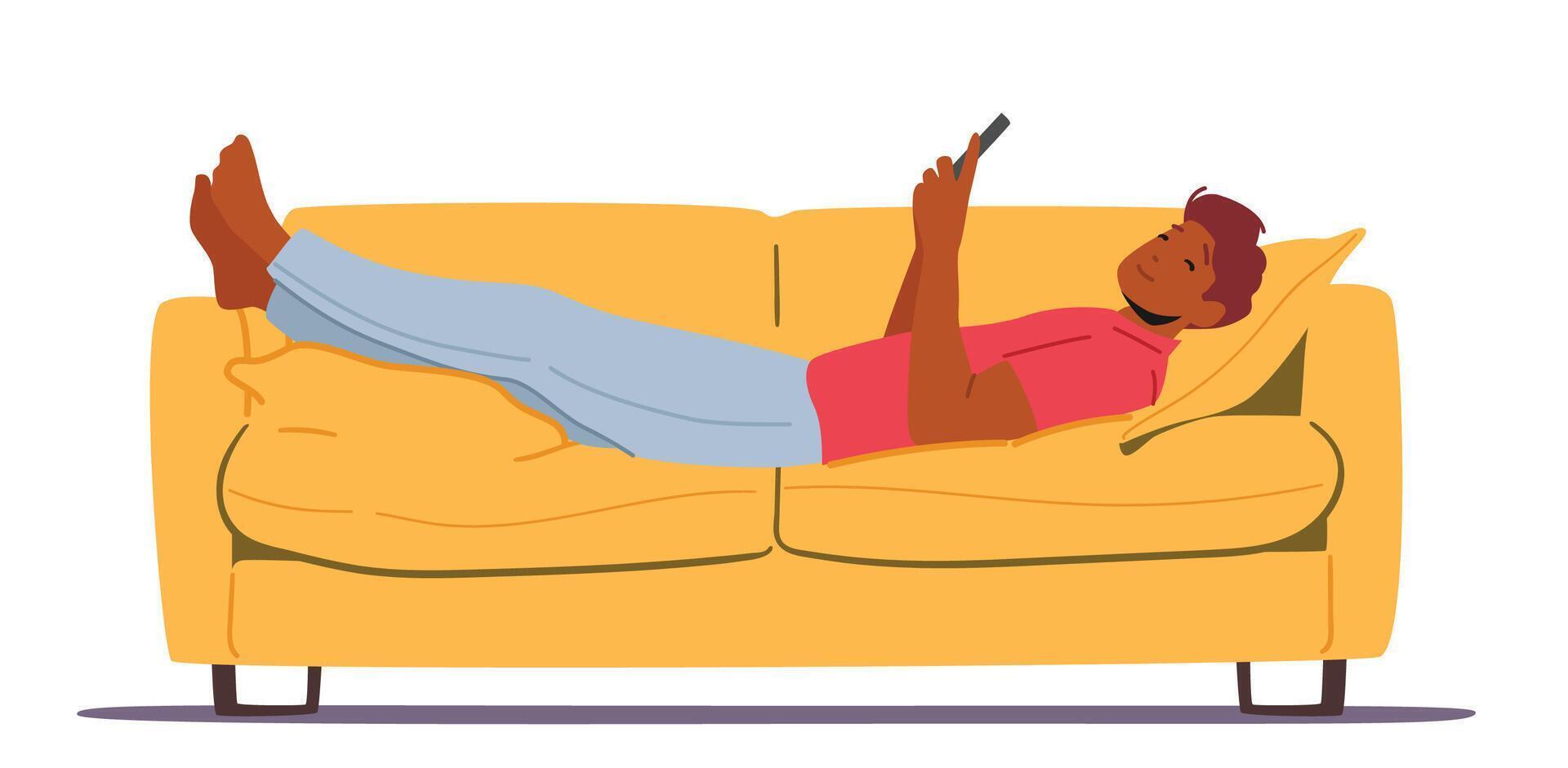 Relax Lazy Time, Young Man Using Phone Lying on Sofa or Couch at Home, Relaxing With Smartphone, Person Wasting Time vector
