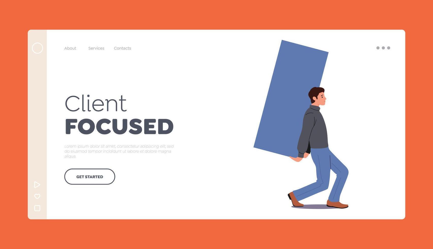 Client Focused Landing Page Template. Business Metaphor of Hardwork, Corporate Workflow, Challenge. Man Carry Rectangle vector