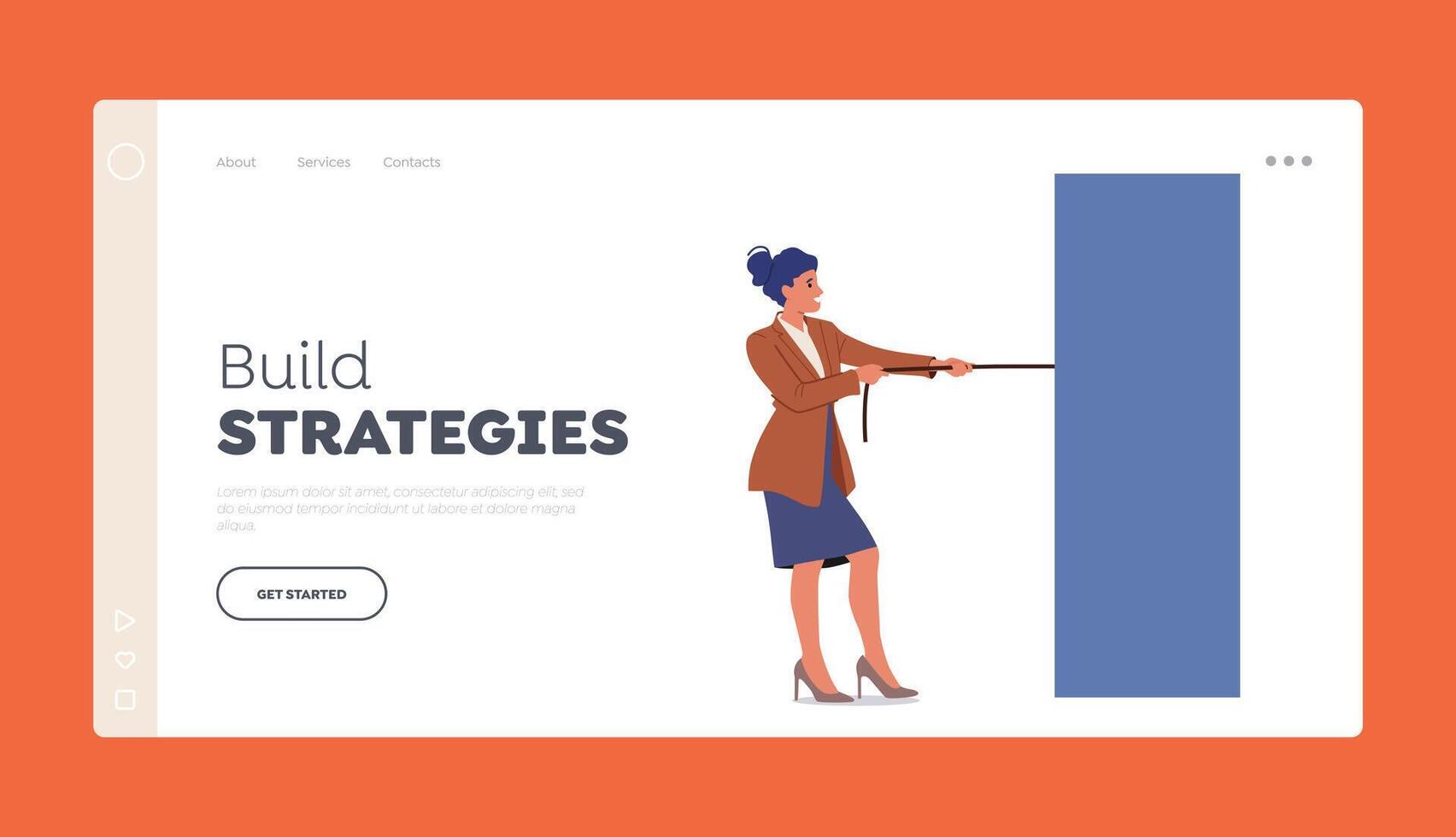 Build Strategies Landing Page Template. Woman Pull on Rope Huge Rectangular Puzzle Piece. Teamwork Cooperation, Solution vector
