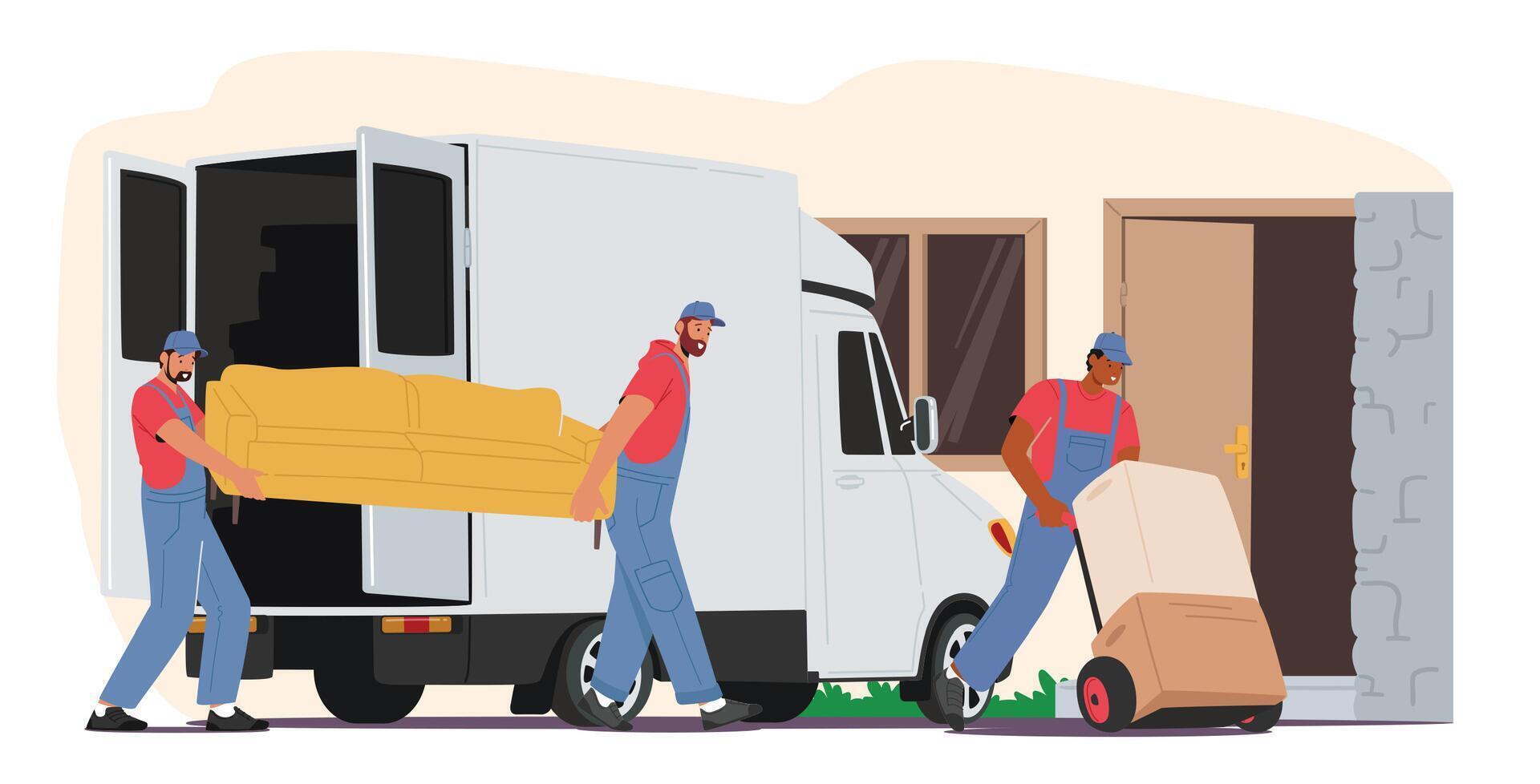 Relocation and Moving into New House Concept. Worker Characters Push Trolley with Cardboard Boxes and Carry Sofa vector