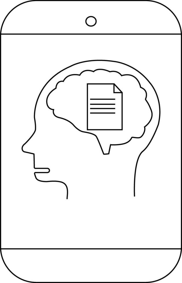 A black and white line drawing of a smartphone with a brain and a document inside the brain vector