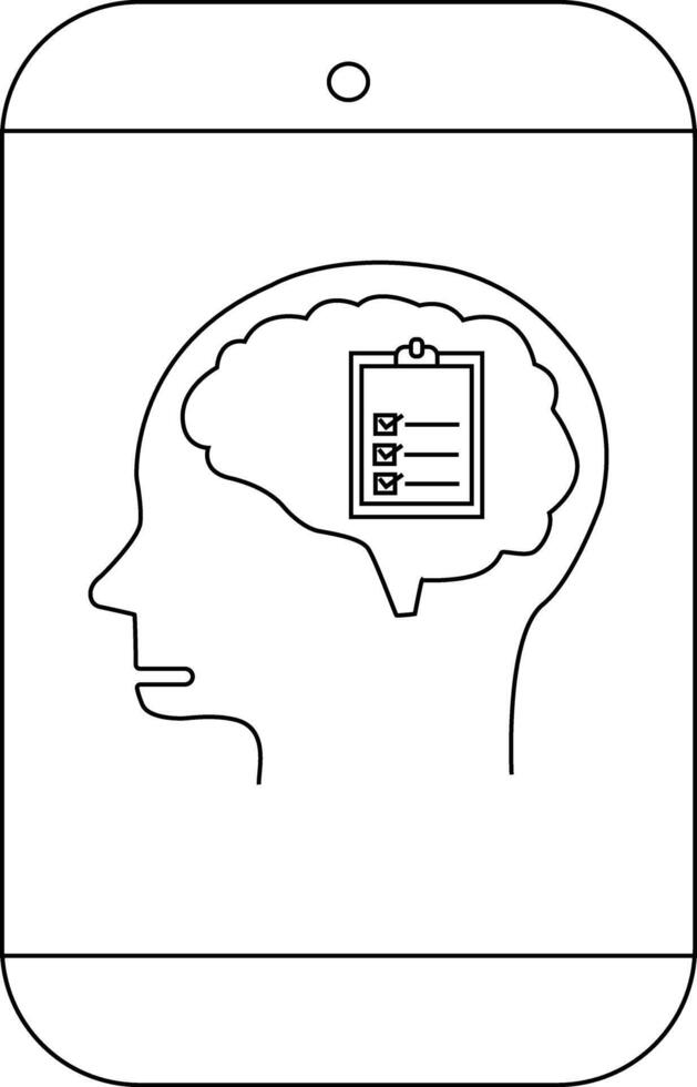 A phone screen displays a line art head with a brain containing a checklist vector