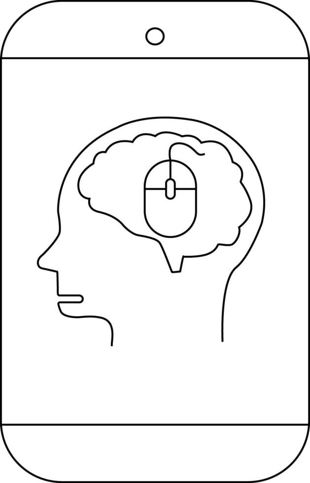 Line art depicts a head profile with a brain inside which sits a computer mouse all enclosed in a phone outline vector