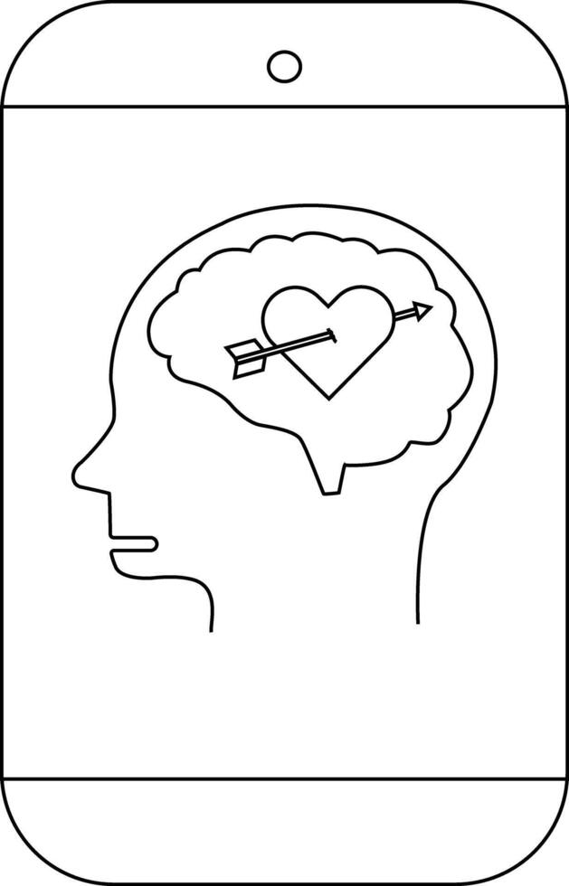 Outline drawing displays a head profile with a brain containing a heart pierced by an arrow inside a phone frame vector